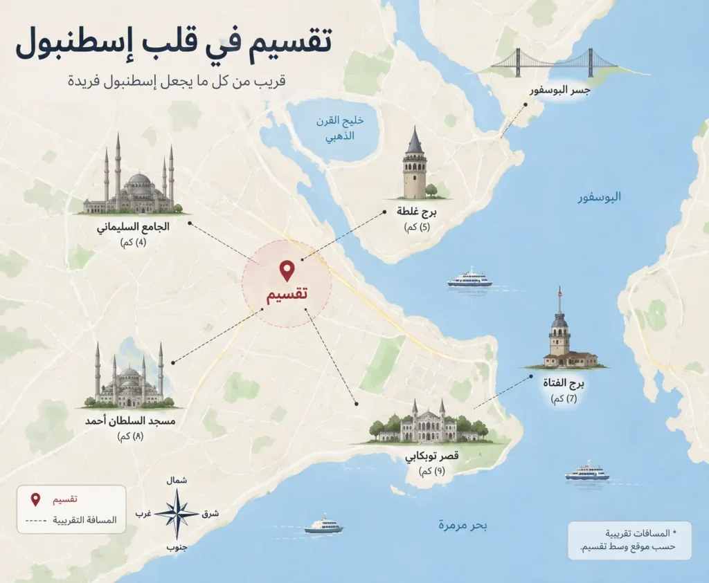 موقع تقسيم بالنسبة لمعالم إسطنبول السياحية